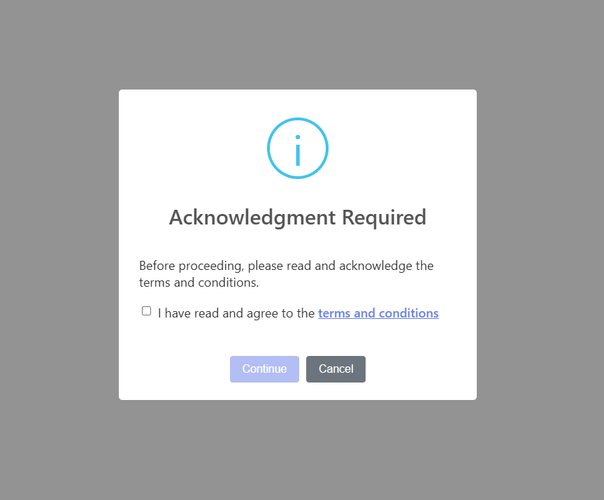Terms and conditions acknowledgment modal