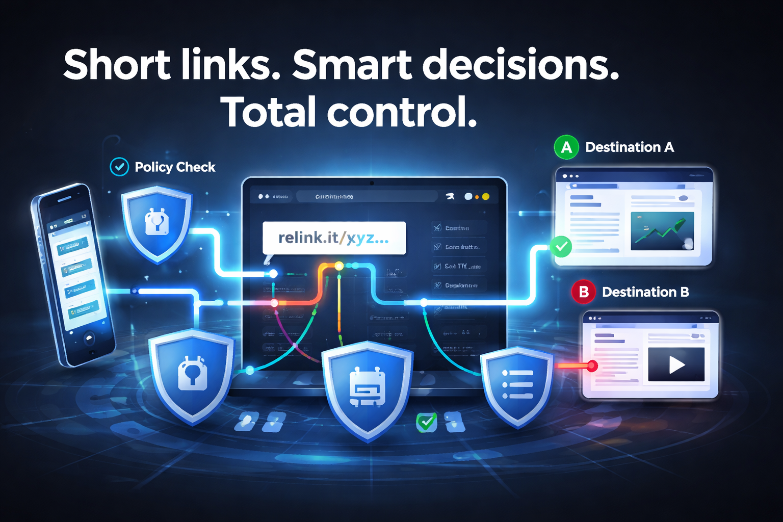 Short links. Smart decisions. Total control. Illustration showing policy checks, security shields, and intelligent routing